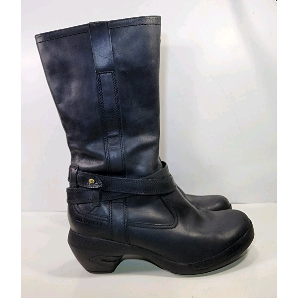 Merrell Mid Calf Heeled Leather Boots Womens 7.5 Black Side Zip Faux Straps